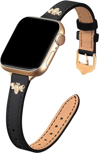 JR.DM Schlankes Lederarmband Damen Kompatibel mit Apple Watch Armband 38mm 40mm 41mm 42mm 44mm 45mm, Echtes dünnes Leder Ersatzband mit Charms für iWatch Series 9/8/7/6/5/4/3/2/1,SE, Schwarz/Gold von JR.DM