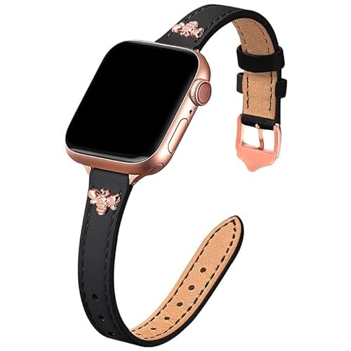 JR.DM Schlankes Lederarmband Damen Kompatibel mit Apple Watch Armband 38mm 40mm 41mm 42mm 44mm 45mm, Echtes dünnes Leder Ersatzband mit Charms für iWatch Series 9/8/7/6/5/4/3/2/1,SE Schwarz/Roségold von JR.DM