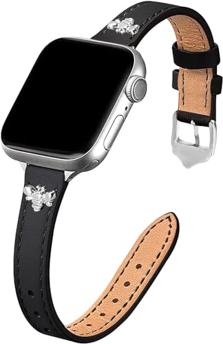 JR.DM Schlankes Lederarmband Damen Kompatibel mit Apple Watch Armband 38mm 40mm 41mm 42mm 44mm 45mm, Echtes dünnes Leder Ersatzband mit Charms für iWatch Series 9/8/7/6/5/4/3/2/1,SE Schwarz/Silber von JR.DM