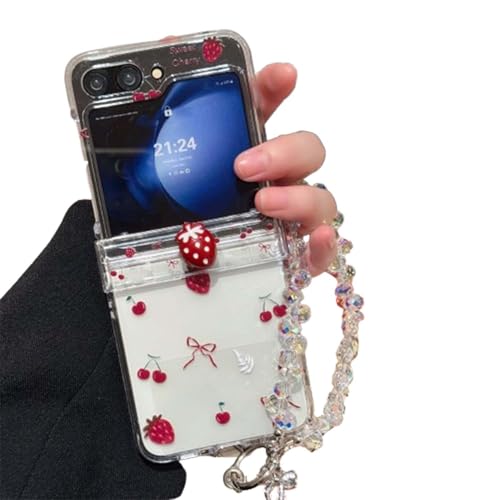 JRCYVTA Schutzhülle für Samsung Galaxy Z Flip 6, Erdbeermuster, Klapphülle mit Kette, für Damen, Mädchen (mit Kette), mehrfarbig von JRCYVTA