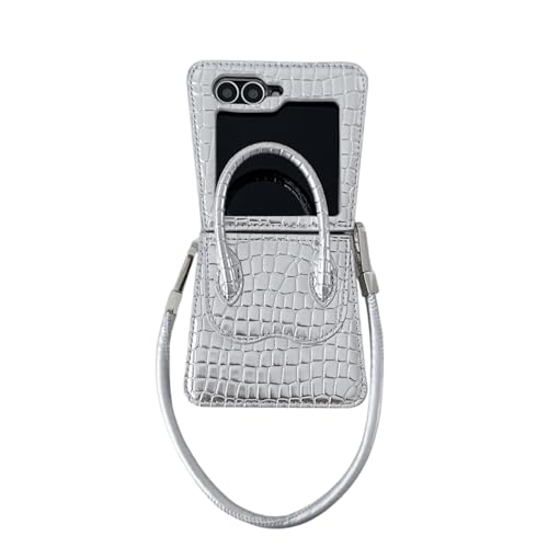 JRCYVTA Schutzhülle für Samsung Galaxy Z Flip 6, Luxus-Lederhandtasche, Flip-Handyhülle für Galaxy Z Flip6, Handgelenkschlaufe und Scharnierschutz für Damen und Herren (Silber) von JRCYVTA