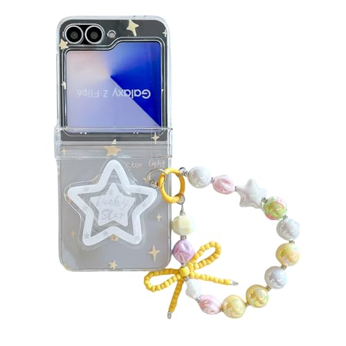 JRCYVTA Schutzhülle für Samsung Galaxy Z Flip 6, transparent, niedliches Stern-Herz-Muster, Handyhülle, stoßfeste TPU-Schale für Galaxy Z Flip 6, mit Kette für Frauen und Mädchen (Sterne) von JRCYVTA