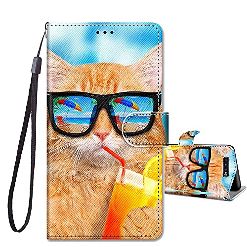 JRIANY Handyhülle für Samsung Galaxy S10 Hülle, Stoßfeste Lederhülle mit Muster Motiv Schutzhülle Klapphülle [Standfunktion] Flip Case Kompatibel mit Samsung Galaxy S10 Tasche, Katze A von JRIANY