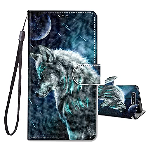 JRIANY Handyhülle für Samsung Galaxy S10 Hülle, Stoßfeste Lederhülle mit Muster Motiv Schutzhülle Klapphülle [Standfunktion] Flip Case Kompatibel mit Samsung Galaxy S10 Tasche, Wolf B von JRIANY
