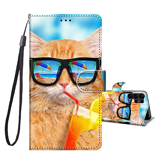 JRIANY Handyhülle für Samsung Galaxy S23 Ultra Hülle, PU Leder Flip Case Klappbare Lederhülle mit Muster Motiv Schutzhülle Klapphülle Kompatibel mit Samsung S23 Ultra Tasche - Katze A von JRIANY