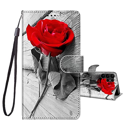 JRIANY Handyhülle für Samsung Galaxy S23 Ultra Hülle, PU Leder Flip Case Klappbare Lederhülle mit Muster Motiv Schutzhülle Klapphülle Kompatibel mit Samsung S23 Ultra Tasche - Rose von JRIANY