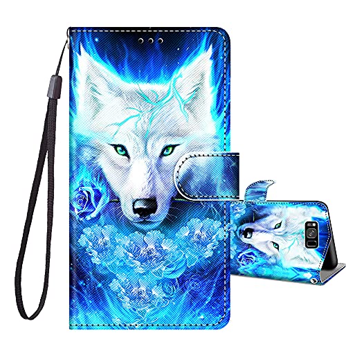 JRIANY Handyhülle für Samsung Galaxy S8 Hülle, Stoßfeste Lederhülle mit Muster Motiv [Standfunktion] [Kartenfächer] PU Leder Tasche Klapphülle Schutzhülle Kompatibel mit Samsung Galaxy S8, Wolf A von JRIANY