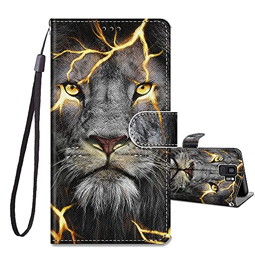 JRIANY Handyhülle für Samsung Galaxy S9 Handyasche Hülle mit Süße Katze Blume Motiv PU Leder Tasche Flip Case Klapphüllen Standfunktion Stoßfest Schutzhülle für Samsung S9 Lederhülle, Löwe A von JRIANY