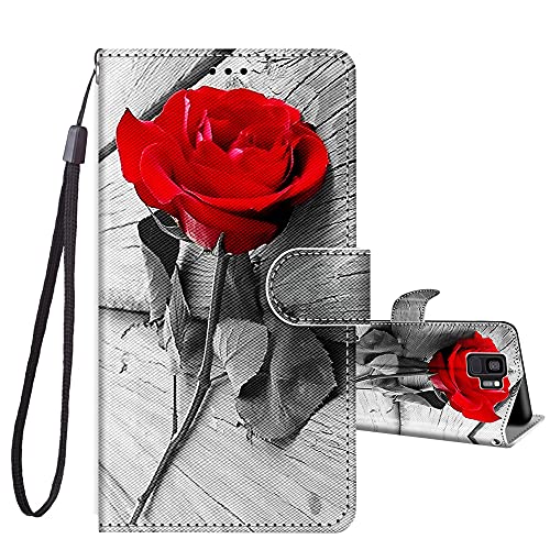 JRIANY Handyhülle für Samsung Galaxy S9 Handyasche Hülle mit Süße Katze Blume Motiv PU Leder Tasche Flip Case Klapphüllen Standfunktion Stoßfest Schutzhülle für Samsung S9 Lederhülle, Rose von JRIANY