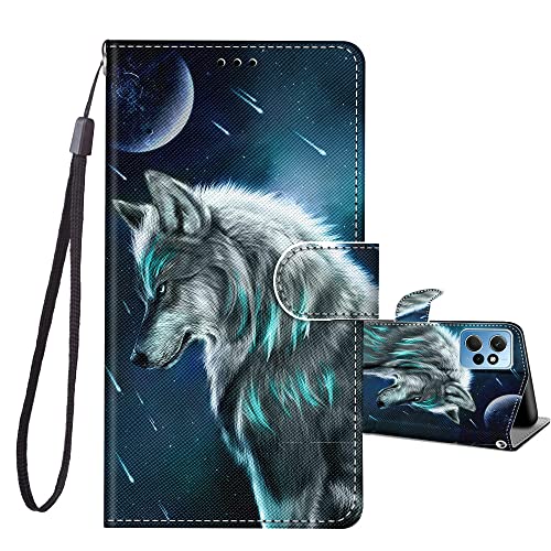 JRIANY Handyhülle für Xiaomi Redmi Note 12 4G Hülle (Nicht für 5G), PU Leder Flip Case Klappbare Lederhülle mit Muster Motiv Schutzhülle Klapphülle Kompatibel mit Redmi Note 12 4G Tasche - Wolf B von JRIANY