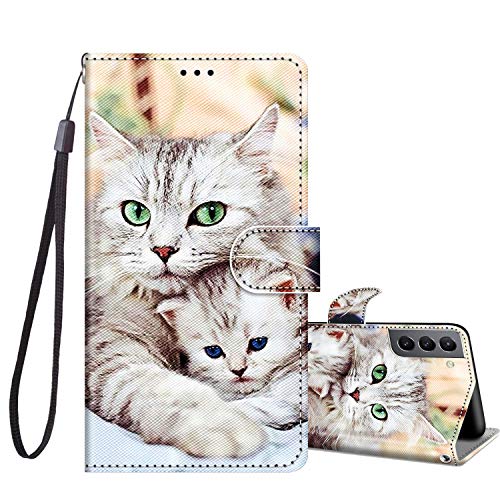JRIANY Klapphülle für Samsung Galaxy S21 5G Hülle, Stoßfeste PU Lederhülle mit Muster Handyhülle Schutzhülle [Standfunktion][Kartenfach] Flip Case Cover Kompatibel mit Samsung S21 5G Tasche, Katze D von JRIANY
