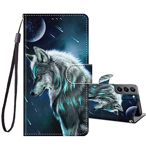 JRIANY Klapphülle für Samsung Galaxy S21 5G Hülle, Stoßfeste PU Lederhülle mit Muster Handyhülle Schutzhülle [Standfunktion][Kartenfach] Flip Case Cover Kompatibel mit Samsung S21 5G Tasche, Wolf B von JRIANY