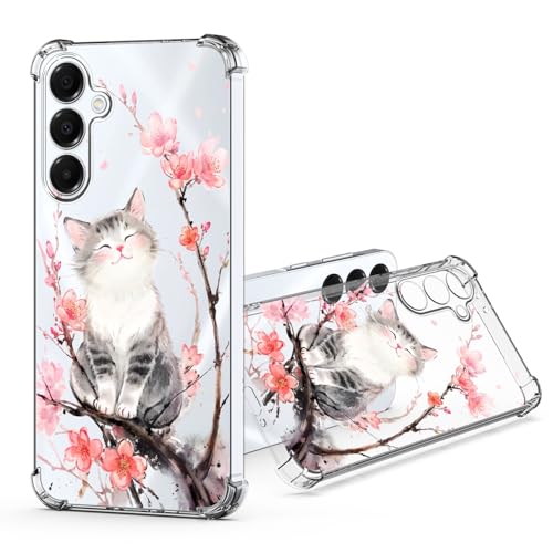 JRIANY für Samsung Galaxy A16 5G / 4G Durchsichtig Hülle, Transparent Weich Dünn TPU Silikon Handyhülle mit Bunt Blumen Muster Motiv Stoßfest Kameraschutz Schutzhülle Slim Clear Case Cover - Katze von JRIANY