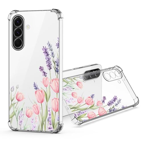 JRIANY für Samsung Galaxy A56 5G Durchsichtig Hülle, Transparent Weich Dünn TPU Silikon Handyhülle mit Bunt Blumen Muster Motiv Stoßfest Kameraschutz Schutzhülle Slim Case Cover - Lavendel Tulpen von JRIANY
