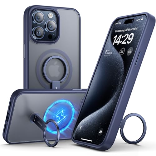 JSAUX All-in-One für iPhone 15 Pro Hülle Kompatibel für Mag-Safe, Handyhülle Ständer&Faltbarem Handy Ring Halter, Multifunktionales Anti-Fingerabdruck Schutzhülle Magnetic Matte Case, RINGLA Blau von JSAUX