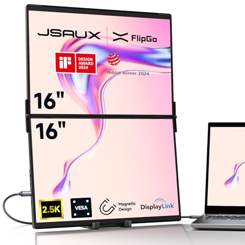 JSAUX FlipGo Pro 16" Dual Laptop Screen Extender, 2.5K Triple Portable Laptop Bildschirm Monitor Erweiterung, Faltbarer Tragbarer Monitor Erweiterung Kompatibel Mit Windows/MacOS, DisplayLink, HiDPI von JSAUX