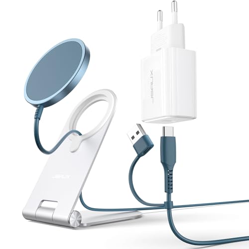 JSAUX Mag-Safe Ladegerät mit Ständer für iPhone, 15W Induktive Ladestation Kabelloses Schnellladegerät Wireless Charger mit 20W Adapter Kompatibel für Magsafe iPhone 15 14 13 12 Pro Max AirPods Blau von JSAUX