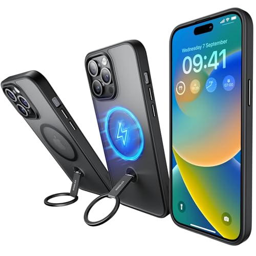 JSAUX Mag-Safe Ständer für iPhone 15 Pro Max Hülle Handyhülle &Faltbarem Handy Ring Halter, Multifunktionales Anti-Fingerabdruck Schutzhülle Magnetic Matte Case, RINGLAX Schwarz von JSAUX