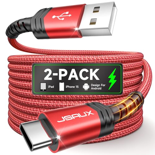 JSAUX USB C Kabel [2-Pack 1M+2M] USB Typ C Ladekabel Kompatibel mit iPhone 16 15 Pro Max Plus, Samsung Galaxy S24 S23 S22 S21 Note 10 9 8, A14 A15 A25 A35 A53 A55, PS5 Controller, CarPlay (Rot) von JSAUX
