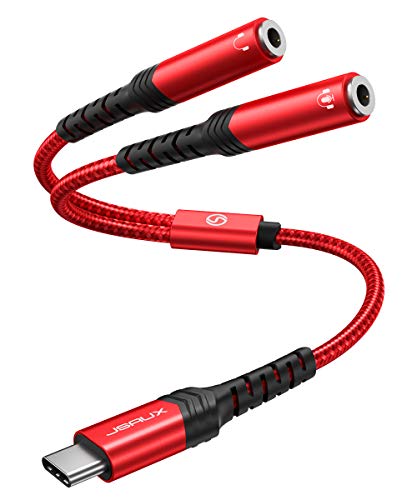 JSAUX USB C Klinke Kopfhörer Splitter Aux Adapter [28CM] USB C auf Dual 3.5mm Klinke Splitter Audio Y Kabel kompatibel mit iPhone 16/15 Pro Max Plus, Huawei P40, Galaxy S24 S23 S22 Ultra, Pixel-Rot von JSAUX