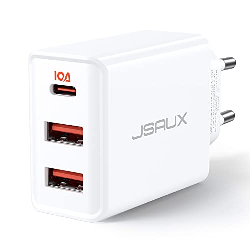 JSAUX USB C Ladegerät PD 3.0 [3 Ports 20W+12W], 32W USB-C Schnellladegerät Kompatibel mit iPhone 15/14/13/12 Pro Max, Samsung Galaxy S23/S22/S21/A73/A53/A33, Pixel 7 Pro/6/6a/6 Pro, iPad Pro/Air von JSAUX