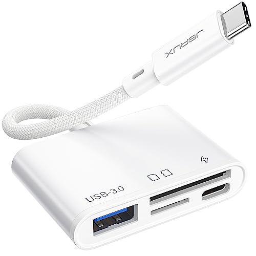 JSAUX USB C SD Kartenleser mit USB 3.0 Port & Ladeanschluss | 4-in-1 Micro SD Card Reader | Kompatibel mit iPhone 16/16 Pro Max/ 16 Pro/16 Plus, iPad Pro, MacBook Pro/Air, Galaxy S8 auf S24 -Weiß von JSAUX