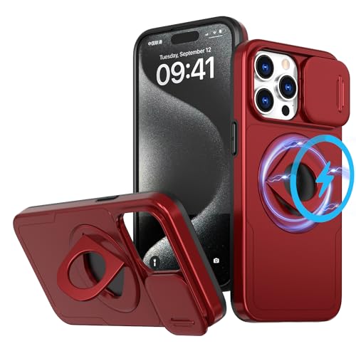 JSENMlN Magnetische Schutzhülle für iPhone 14 Pro Max, kompatibel mit MagSafe mit Ringständer, Militärqualität, Fallschutz für iPhone 14 Pro Max, Rot von JSENMlN