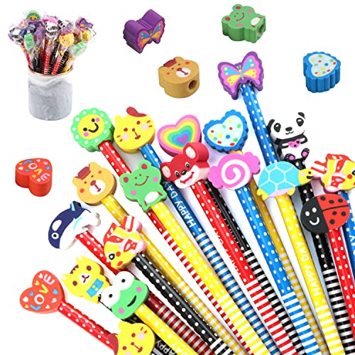 JSMTKJ HB Bleistift Set, 50 Stück Kinder Bleistift Cartoon Bleistifte mit Radiergummi von Tiere Sonne Schmetterling etc für Geburtstag Mitgebsel Geschenk Kinder Party Gastgeschenk von JSMTKJ