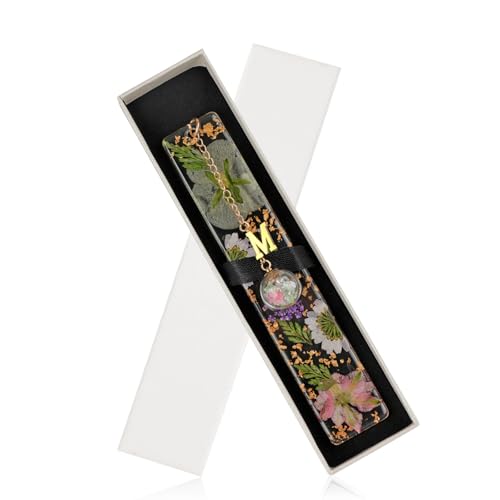 JSRQT Harz Getrocknete Blumen Lesezeichen Bookmarks Personalisiert Gepresste Book Marks for Reading Getrocknetem Blumenharz Nettes Seitenmarkierung Kunstharz Aesthetic Buchstaben für Studenten Lehrer von JSRQT