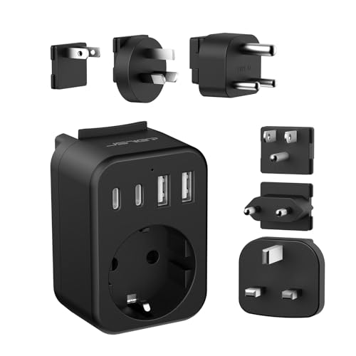 JSVER Reiseadapter Weltweit Set,Internationaler Reisestecker Adapter mit USB C, Typ A/C/G/B/I/M Stecker Steckdosenadapter mit 4 USB Reiseadapter für USA/Europa/UK/Südafrika/Japan/China/AUS(Schwarz) von JSVER