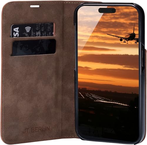 JT Berlin Bookcase Tegel Echtleder Hülle kompatibel mit Apple iPhone 16 Pro (Premium Flip-Case, Standfunktion, EC-Kartenfächer, Magnetverschluss) cognac von JT Berlin
