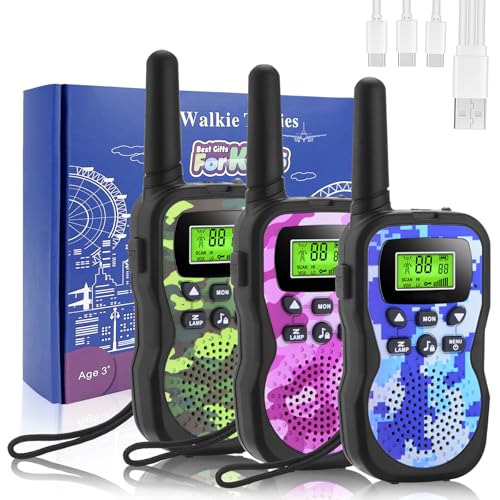 Walkie Talkie Kinder Aufladbar, Walkie Talkies für 3-12 Jahre Kinder mit 8 Kanäle, LED Taschenlampe, VOX Funktion für Camping, Wandern, Abenteuer, 3er Set von JUAUO