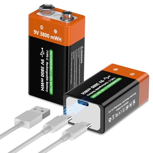 9V blockbatterie Akku, 2025 Neu Aufgerüstet 3800mWh Ultra-Hohe Kapazität Hohe Leistung wiederaufladbare Li-Ionen Akku mit 2 in 1 Typ-c-Ladekabel für Rauchmelder, Mikrofone, und mehr (2, 9V,3800mWh) von JUBOTY