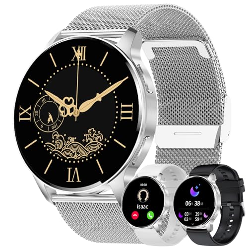 JUBUNRER Smartwatch Damen Herren Telefonfunktion 1,34" HD Touchscreen Fitnessuhr Rund Wasserdicht Schrittzähler Pulsmesser Schlaftracker Menstruationszyklus Geschenke- Android IOS [3 Armbänder] von JUBUNRER
