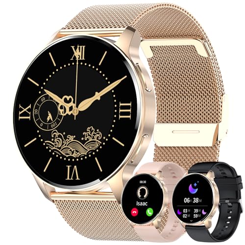 JUBUNRER Smartwatch Damen Herren Telefonfunktion 1,34" HD Touchscreen Fitnessuhr Rund Wasserdicht Schrittzähler Pulsmesser Schlaftracker Menstruationszyklus Geschenke- Android IOS Gold [3 Armbänder] von JUBUNRER