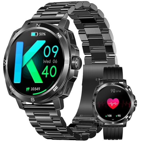 JUBUNRER Smartwatch Herren Rund Telefonfunktion 1,5" HD Touchscreen IP68 Wasserdicht Fitnessuhr Tracker Armbanduhr Herzfrequenz Schlaf Gesundheitsuhr Schrittzähler Uhren Uhr Android IOS[2 Armbänder] von JUBUNRER