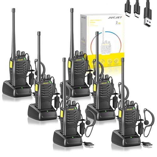 JUCJET (6er-Pack) 888HD Funkgerät, 16 Kanäle, einschließlich Original-Ohrhörer, Type-C-Kabel, USB-Ladestation, mit EIN-klick-Paarung, Sprachgeräuschreduzierung und digitaler Verschlüsselung (schwarz) von JUCJET