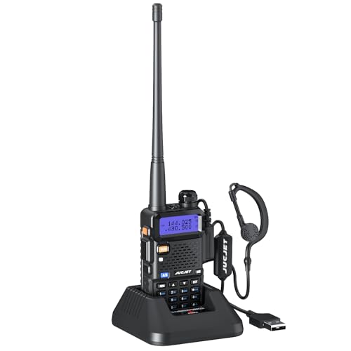 JUCJET 5R Walkie Talkies, Dual Band VHF/UHF 144-146/430-440MHz Langstrecken Funkgerät für Erwachsene mit 128 Speicherkanäle VOX, mit USB-Ladestation, Kopfhörer (Schwarz, 1 Stück) von JUCJET