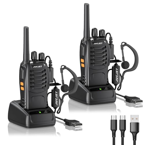 JUCJET 88E Walkie Talkie, Lizenzfrei PMR446 16 Kanäle Funkgeräte, Handfunkgerät Eingebauter LED Taschenlampe. 2-in-1 Type-C Charging Cable mit USB-Ladestation und Headset (Schwarz, 2 Stück) von JUCJET