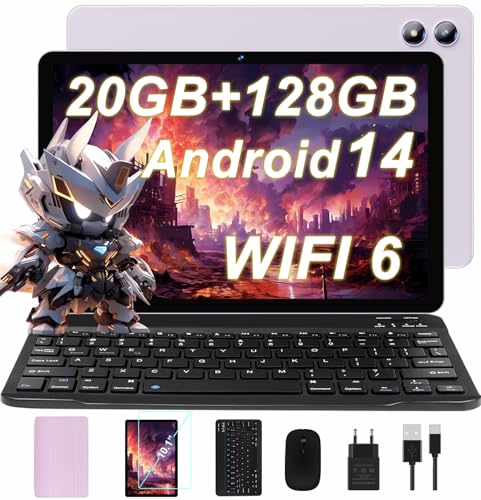 JUEDUR Neueste Android 14 Tablet 10 Zoll, 20GB RAM+128GB ROM(1TB TF), 5G+2.4G WiFi 6, Octa-Core 1.8 GHz, Widevine L1, 1280 * 800, 6000mAh, 5MP+8MP, BT5.0, Mit Tastatur und Maus - Veilchen von JUEDUR