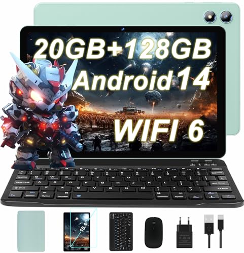 JUEDUR Neueste Android 14 Tablet 10 Zoll, 20GB RAM+128GB ROM(1TB TF), 5G+2.4G WiFi 6, Octa-Core 1.8 GHz, Widevine L1, 1280 * 800, 6000mAh, 5MP+8MP, BT5.0, Mit Tastatur und Maus - Creek Grün von JUEDUR