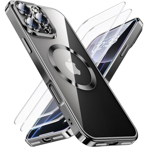 JUESHITUO 3 in 1 Hülle für iPhone 16 Pro Max,1 Handyhülle mit 2 Stück Schutzfolie, [Militärstandard] [TOP N56 Starke Magnete] Stoßfest Kratzfest für Magsafe Case mit Kameraschutz, Schwarz von JUESHITUO