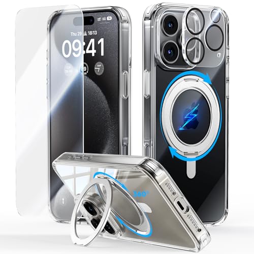 JUESHITUO 360° Magic Stand für iPhone 16 Pro Max Hülle [Militärschutz] [Unsichtbarer Ständer] Stoßfeste Kratzfeste Schutzhülle Dünne Case Handyhülle für MagSafe Durchsichtig von JUESHITUO