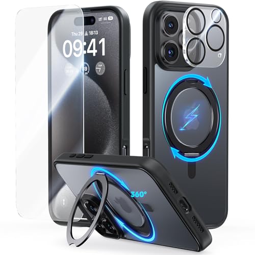 JUESHITUO 360° Magic Stand für iPhone 16 Pro Max Hülle [Militärschutz] [Unsichtbarer Ständer] Matt Stoßfeste Kratzfeste Schutzhülle Dünne Case Handyhülle für MagSafe Schwarz von JUESHITUO