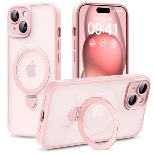 JUESHITUO Schutzhülle für iPhone 15, mit magnetischem Ständer, vollständiger Kameraschutz, kompatibel mit MagSafe; mil-gradig, stoßfest, schlank, matt, durchscheinend, für iPhone 15, Rosa Titan von JUESHITUO