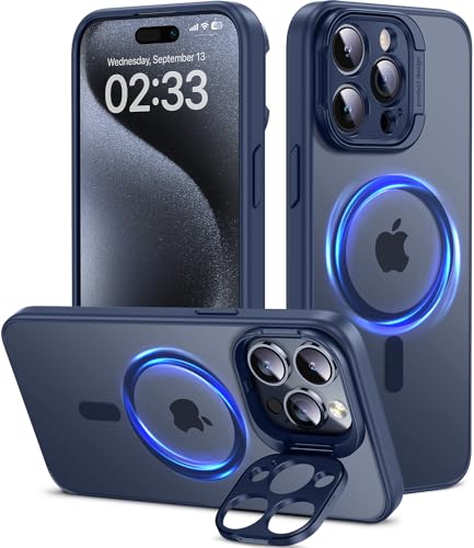 JUESHITUO für iPhone 15 ProMax Hülle mit stabilem Kameraständer, [kompatibel mit MagSafe] [Schutz in Militärqualität] Stoßfest Durchscheinend Matt Magnetisch für iPhone 15 Pro Max Hülle, Blaues Titan von JUESHITUO