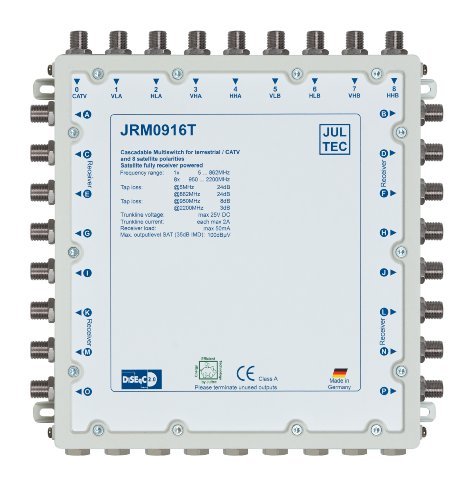 JULTEC JRM0916T 2 Satelliten Multischalter 9/16 für 16 Teilnehmer Receivergespeist ohne Strom/ Stromanschluss, Druckgussgehäuse, Neueste Generation von JULTEC