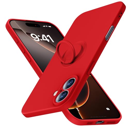 JUNAUTTB JUS04-77 Schutzhülle für iPhone 16 mit Ring, schlanke, weiche Flüssigsilikon-Handyhülle, eingebauter um 360° drehbarer Ringhalter, stoßfeste Schutzhülle, 15,5 cm (6,1 Zoll), Rot von JUNAUTTB