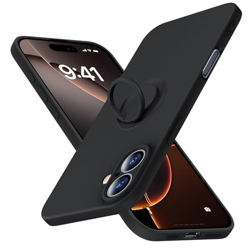 JUNAUTTB JUS04-80 Schutzhülle für iPhone 16 Plus mit Ring, schlanke, weiche Flüssigsilikon-Handyhülle, eingebauter um 360° drehbarer Ringhalter, stoßfeste Schutzhülle, 17 cm (6,7 Zoll), Schwarz von JUNAUTTB