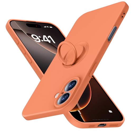 JUNAUTTB JUS04-83 Schutzhülle für iPhone 16 Plus mit Ring, schlanke, weiche Flüssigsilikon-Handyhülle, eingebauter um 360° drehbarer Ringhalter, stoßfeste Schutzhülle, 17 cm (6,7 Zoll), Orange von JUNAUTTB